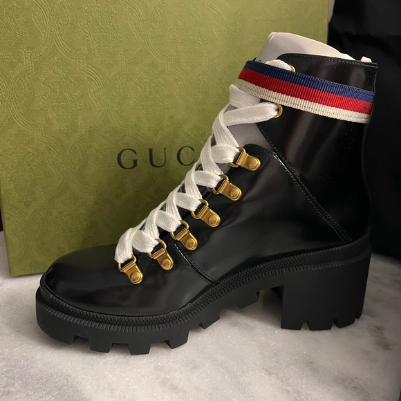 Gucci New in Box Sylvie Web Accent Leather Black Lace Up Combat Boots US 6.5 - Picture 2 of 5